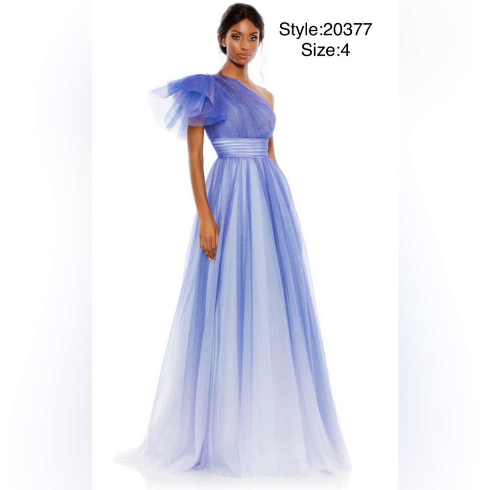 Glitter ombré ruffled one shoulder ballgown